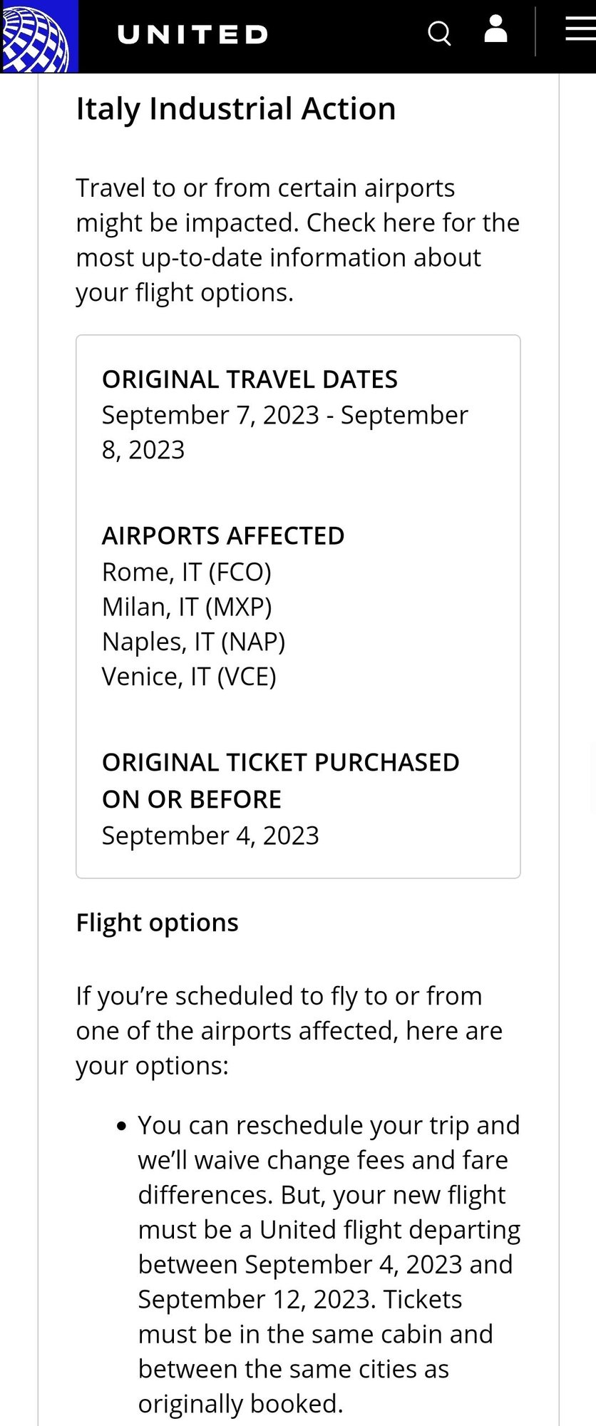 Travel Waiver/Alert Italy Industrial Action (September 78, 2023