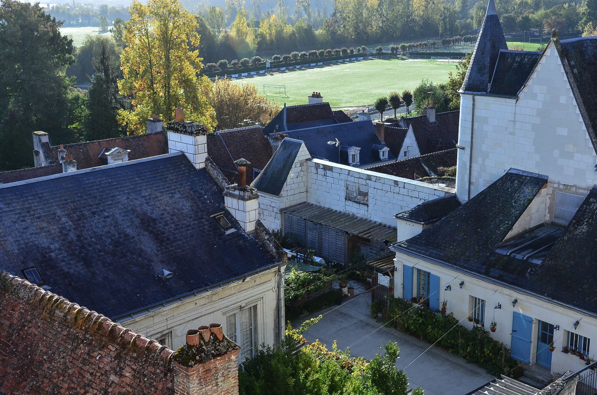 There a number of compelling viewpoints throughout Loches, both up in the medieval Cite and also below in the main residential neighborhoods. The one shown here comes from the Collegiale/cathedrals back garden. Immediately next to that exists a cafe with the exact same vista.