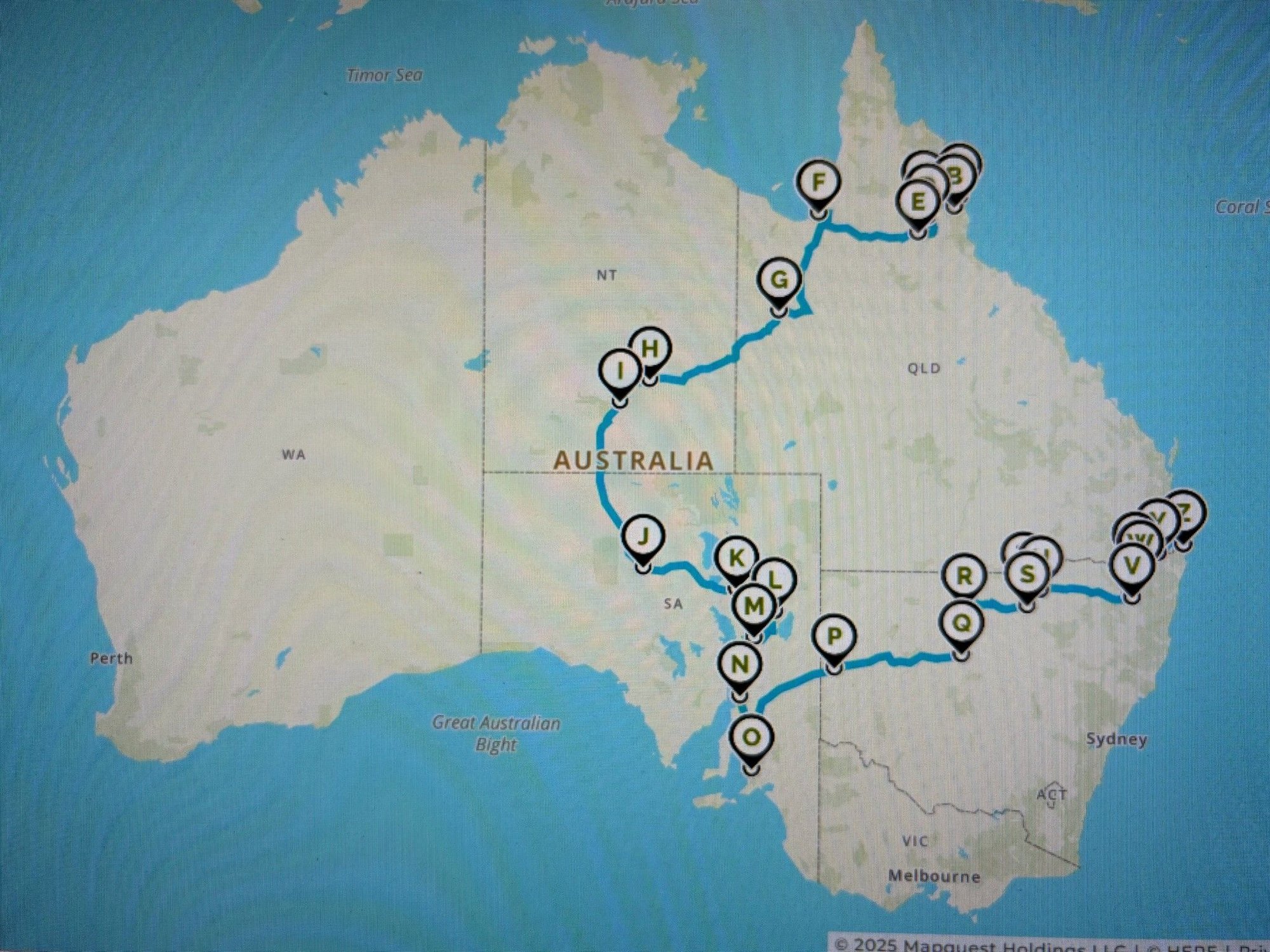 Our route, starting in Cairns (A), southwest to Alice Springs (I), south to Adelaide (O) then northeast to the Gold Coast (Z) over 24 days.