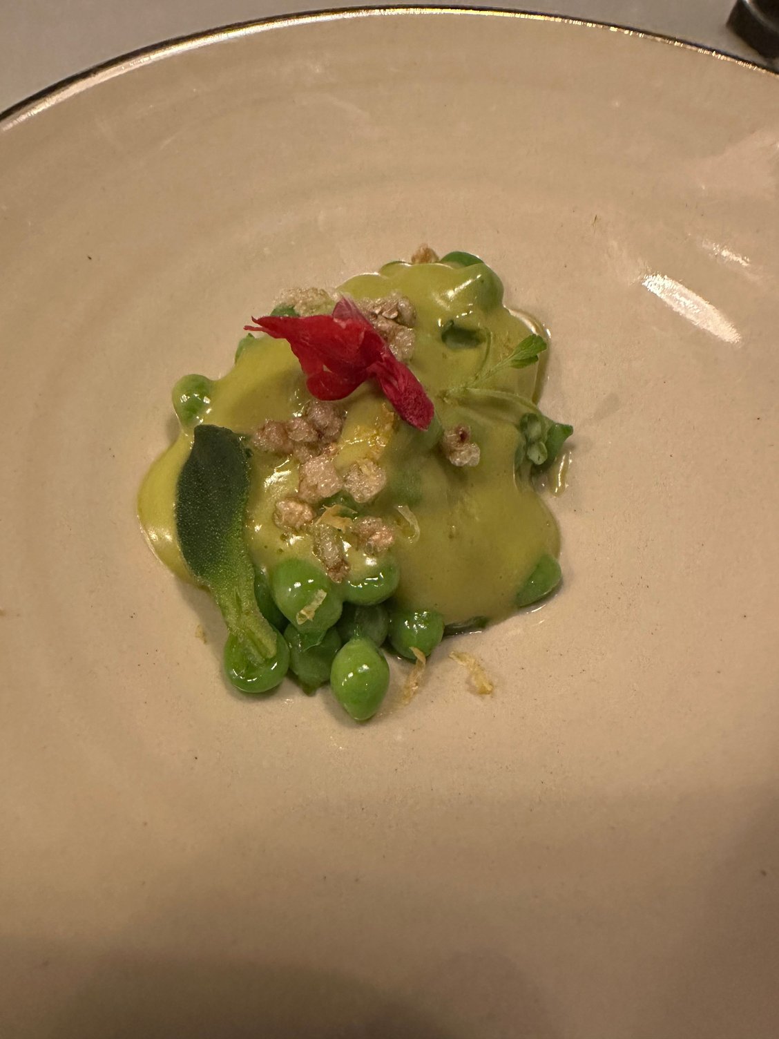 The much anticipated �green pearls,� the spring peas from the Ebro Delta, available only a few weeks a year and commanding high prices. There are other similar peas in Galicia and other regions   When you see these on a menu do not hesitate.   These were in a light sauce of the vegetable called �glacial ficoide� which I�d not seen before.    With pistachio crumble.    The ultimate in seasonal product-driven food, this was heavenly. I took a half order.