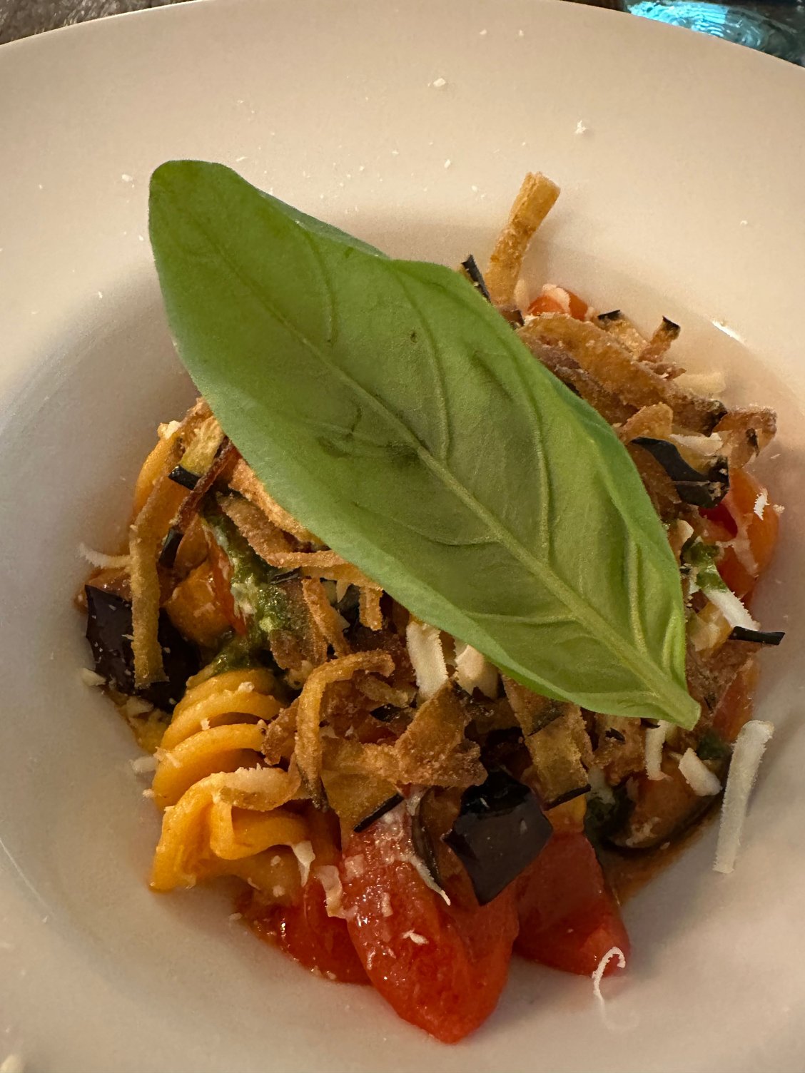 My fusilloni with strips of fried eggplant, cacao ricotta cheese, tiny tomatoes (so sweet!) and a pesto of basil..outstanding!