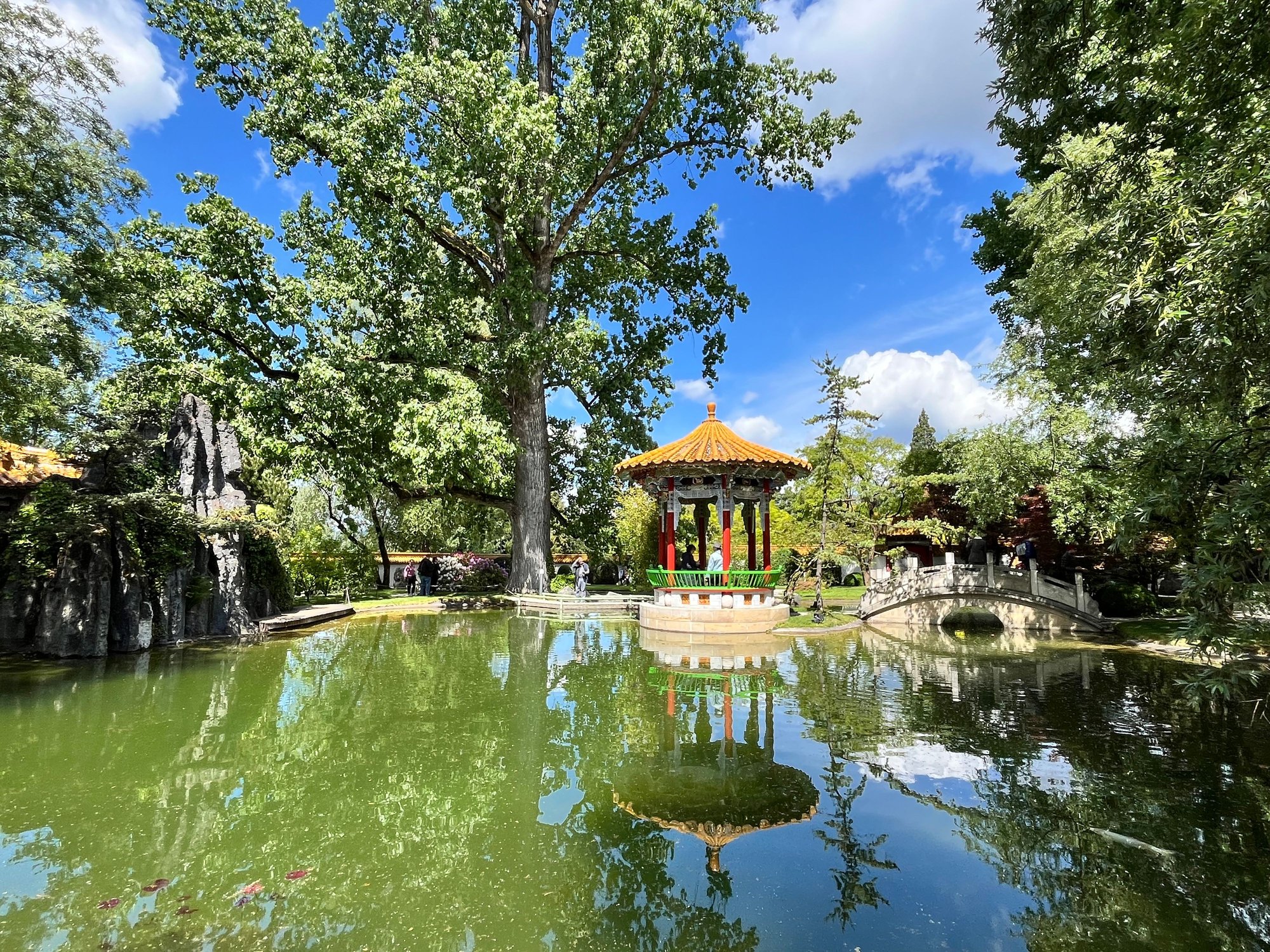 Pond and stone bridge and pavilion