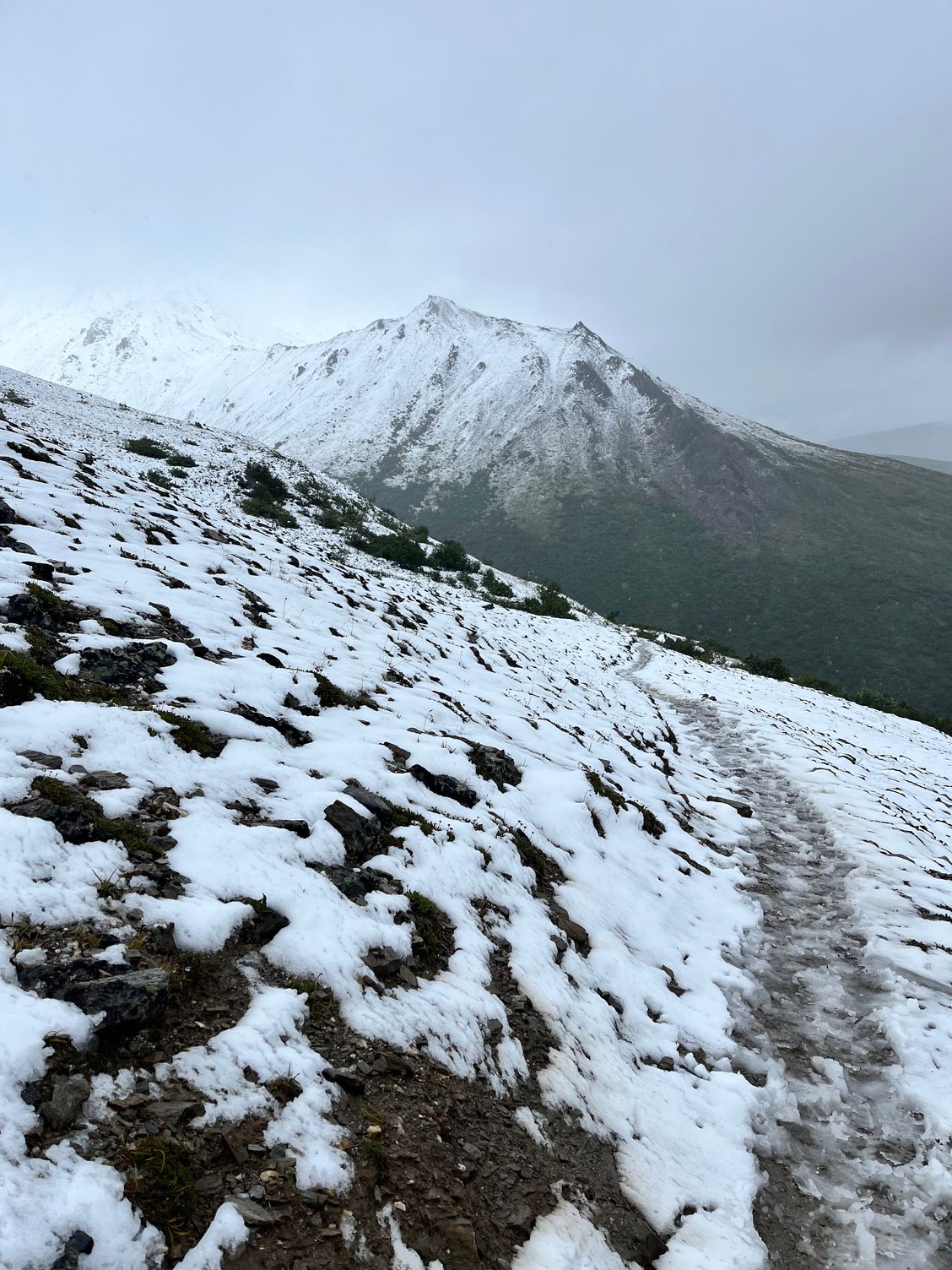 Slush and snow covered trail just after passing the second viewpoint 