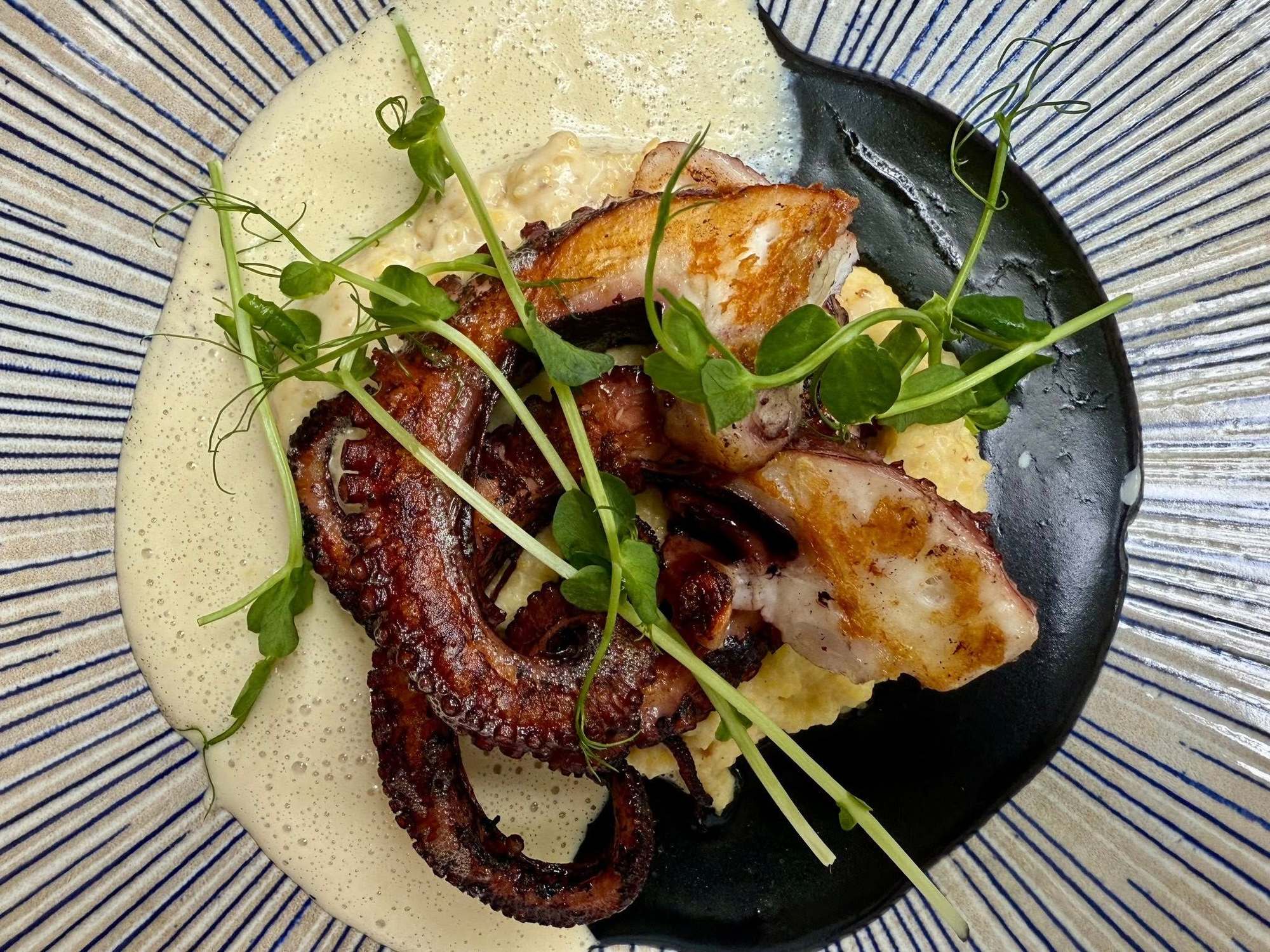 Roasted octopus with parmesan polenta, squid ink cream, white wine emulsion