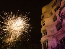 Just five shots here. There was a palpable sense of mounting excitement in the massive crowd during the hour gap between the end of the kids Correfoc and the start of the Adult version. We chatted on a wet bench with a young German engineer whose dad was from Barcelona. The second that the above fireworks signaled 'the start' and illuminated Gaudi's most famous apartment, the above wavy 'La Pedrera', an ocean of giddy people swept us away from that bench. 