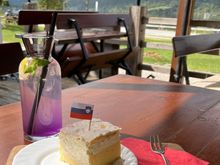 Yummy cream cake and tasty, eye appealing lavender drink