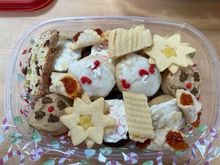Cranberry pistachio biscotti, lime macadamia nut cookies, apple butter cookies, chai spice cookies, champagnebrod, double chocolate peppermint cookies, lemon stars and apricot foldovers