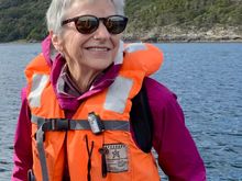 Riding the tender back to our boat. This might be my all-time favorite photo of Joyce. Of course, she hates it…