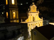 Our rental apartment (Le Zinefra) was that rare thing across the coast: a mid-range property with its own antique lift! That cut down on the number of steps coming and going. Owners Anna and Oscar Gambardella offer excellent value. Their description of '360 degree views' was accurate. Shown here through our rear-facing, floor-to-ceiling kitchen window, the town's church.