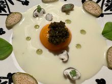 CUAJADA DE KHAN, yema de huevo de campo, CAVIAR, CHILE habanero y ALCAPARRÓN.... Curd with rich egg yolk (sous vide????  All I know is that the yolk was unlike any I'd had before), topped withSpanish caviar (was it RioFrio?  It was exceptional and made me want to buy some before I leave for home); see MORISCO menu for more precise details on this stellar dish