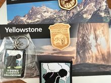 2 junior ranger badges,  young scientist of Yellowstone patch and keychain 
