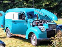 DH's 1946 Chevy panel truck open for inspection at recent car show.