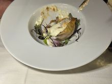 Tortine of swordfish and eggplant (came topped with the two perfect friend shrimp which were donated to me, see photo at left). Excellent.  (18euro)