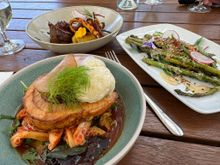 Our excellent meal at Allan Scott Winery - pork, venison and asparagus.