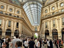 The exquisite Galleria Vittorio Emanuele II. The designer of this glass domed arcade, Giuseppe Mengoni, died just days before the inaugural ceremony when he fell from the roof.