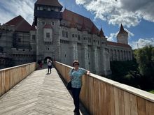 A remarkably long footbridge over a very deep moat