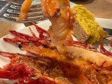 Close up of the carabinero with flesh lifted by my fork