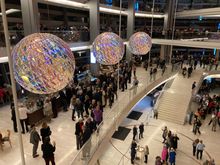 Inside Operaen with 3 round chandeliers designed by Olafur Eliasson