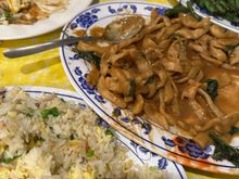 SHANDONG restaurant in Oakland chinatown--from lower left:  fried rice, sesame noodles, dry-fried string beans, sweet and sour pork