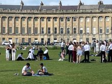 Out in front of the Royal Crescent.  This picture does not do this scene justice.  All of these students descend on the park, I believe for pictures. You can see some tuxes and dresses here.  If I would have waited an hour, you would not have been able to see the grass because it was so covered with students.