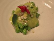 The much anticipated “green pearls,” the spring peas from the Ebro Delta, available only a few weeks a year and commanding high prices. There are other similar peas in Galicia and other regions   When you see these on a menu do not hesitate.   These were in a light sauce of the vegetable called “glacial ficoide” which I’d not seen before.    With pistachio crumble.    The ultimate in seasonal product-driven food, this was heavenly. I took a half order.