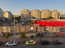 The view from our hotel room window - Soviet style architecture. The red building is Carrefour, the French grocery store. 