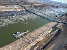 A view looking out of the St Louis Arch. Plenty of floating ice in St Louis.