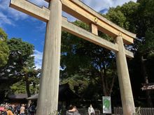 The large Torii gate, one of the two entrances to the Meiji shrine. The torii marks the divide between sacred space and the profane. 