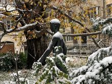 
It snowed today! Our first snowfall of the season. This is a neighorhood sculpture of a young boy who does not seem to mind the snow even tho he has no clothes …