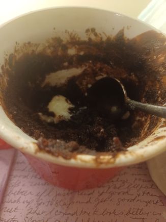 Chocolate mug cake came out fudgy. I added a little cold black coffee.