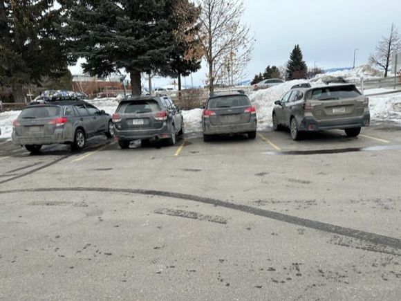 A very Bozeman pic of all the Subarus (including ours) at the brewery. 