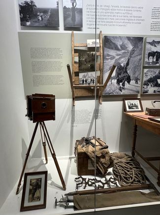 Exhibits about some early equipment and how they got it up into the mountains.