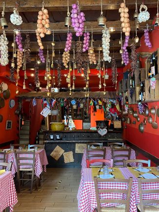 Onions, garlic and peppers as decor. 