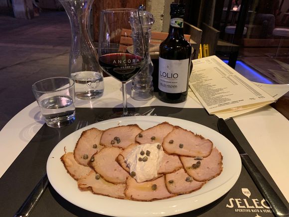 Veal with Tuna Sauce.  (Note:  I generally oppose eating veal for ethical reasons but it’s a famous dish of northern Italy.  And it was delicious.