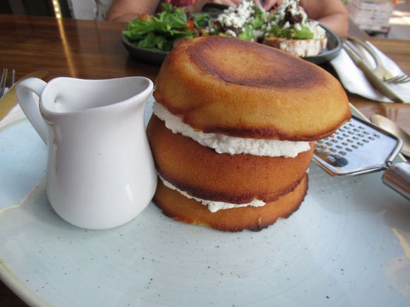 Breakfast  pancakes with carmel maple syrup.!