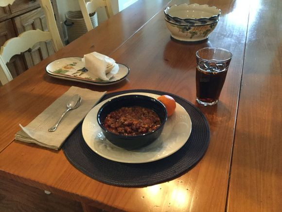 
It’s just chili and crackers, but a napkin and placemat do elevate things a bit.