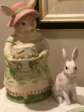 One of the large bunnies that is actually a cookie jar, with a decoupage gingham rabbit.  