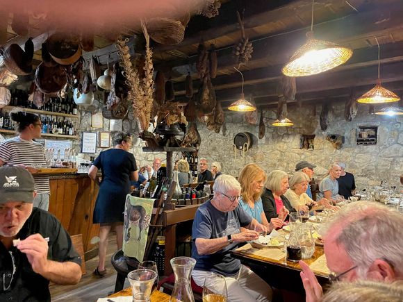 Inside the restaurant, scarfing down!  Milking donkeys is tough work..I guess, we didn't do any milking!