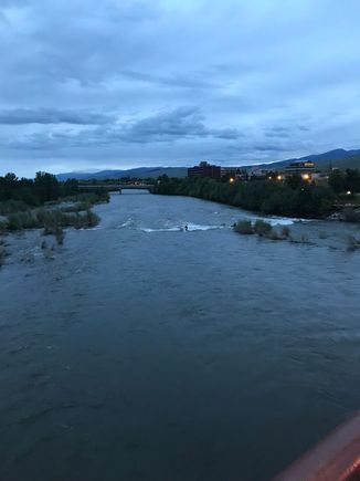 Can you see
The surfer on the wave? When we lived here, my husband liked to surf the wave.  A little
Ice cream and watching the surfers makes for a nice evening. It’s hard to beat Missoula in the summer.  We’ll be back at the end of June to run a half marathon.  The trip is so much more fun after the run.