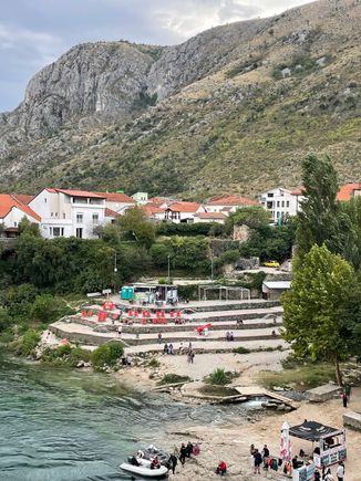 Looking down on the bank from the bridge.  There are a lot of people giving boat rides.  I think it was 10 Euros for 20 minutes, but the 20 minutes seemed a little short!