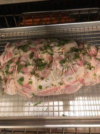 
Turkey roulade covered with pancetta slices

