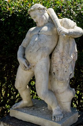 Hercules having a piss after getting stinking drunk while hunting boar.