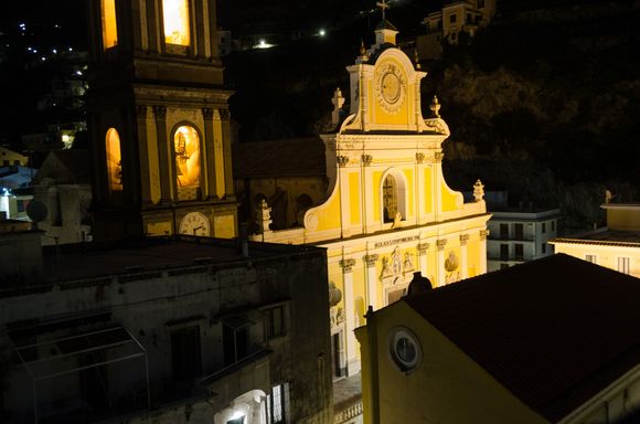 Our rental apartment (Le Zinefra) was that rare thing across the coast: a mid-range property with its own antique lift! That cut down on the number of steps coming and going. Owners Anna and Oscar Gambardella offer excellent value. Their description of '360 degree views' was accurate. Shown here through our rear-facing, floor-to-ceiling kitchen window, the town's church.