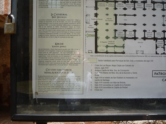 A brief history of the San José cathedral in several languages, including Cakchiquel Mayan.