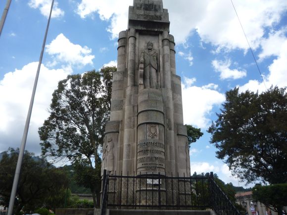 Monument to Justo Rufino Barrios in the central plaza, president of Guatemala (1873-1875), credited with having led (forced, yanked) Guatemala into the modern age of business and industry. known in Guatemala as the Age of Reform.  