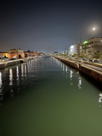 The Tiber River (the Tevere, in Fiumicino town, as it enters into the Tyrrhenian Sea)