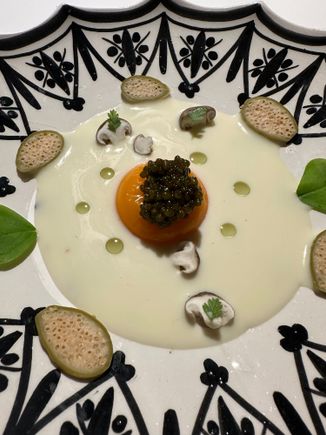 CUAJADA DE KHAN, yema de huevo de campo, CAVIAR, CHILE habanero y ALCAPARRÓN.... Curd with rich egg yolk (sous vide????  All I know is that the yolk was unlike any I'd had before), topped withSpanish caviar (was it RioFrio?  It was exceptional and made me want to buy some before I leave for home); see MORISCO menu for more precise details on this stellar dish