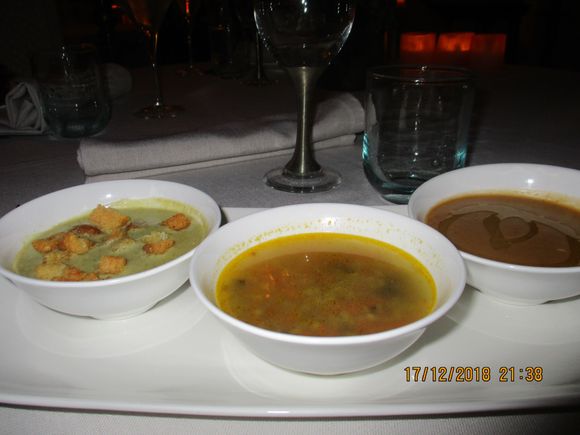 Trio of soups:  Vegetable with couscous, lettuce with croutons, red lentils with cumin and ras-el-hnout