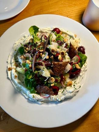 All shared this salad with cherries, hazelnuts, whipped feta and crispy onions