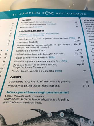 PART TWO of MAIN MENU:   Shellfish and whole fish are almost always priced by weight.  There is one pork dish and one beef dish non the menu.